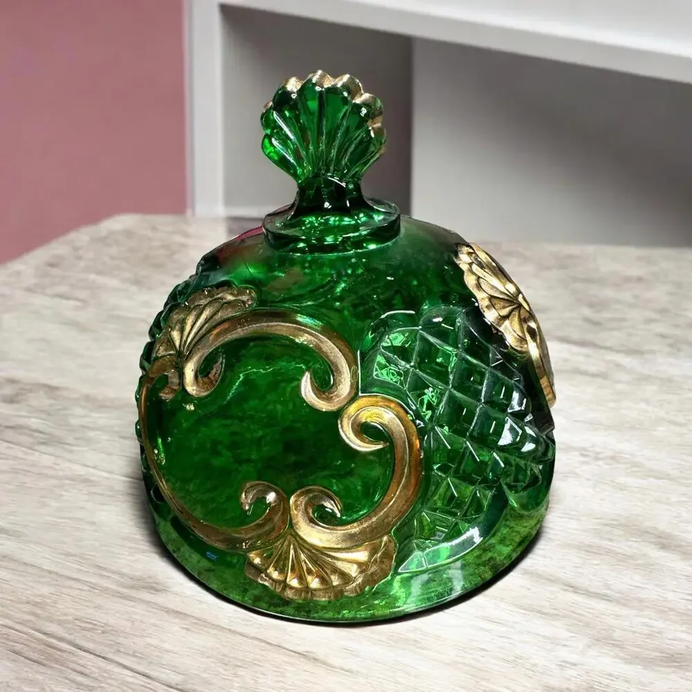 Antique 1897 EAPG Riverside Glass Croesus Pattern Emerald Green & Gold Spooner